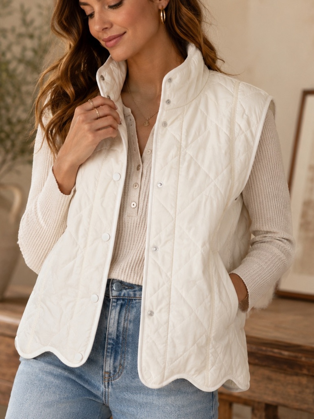Entro Ivory Quilted Scallop Hem Lightweight Vest Snap Front Pockets NEW L
